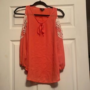 Small Coral Long Sleeve Blouse with Shoulder Cutouts